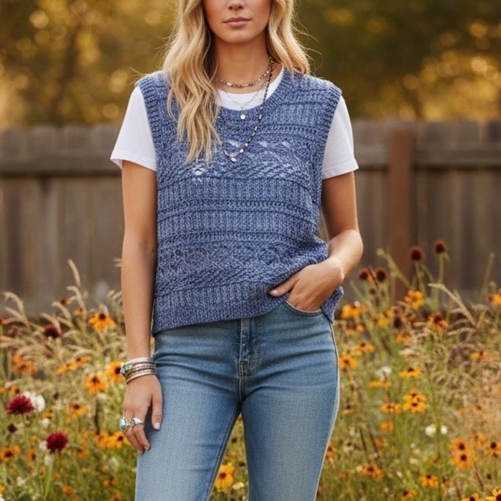 a.n.a Blue Marled Pointelle Knit Sweater Boho Coastal Grandmother Cottagecore L